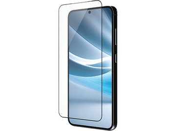 Un smartphone avec un protecteur d'écran appliqué. Le téléphone est noir et le protecteur est transparent.