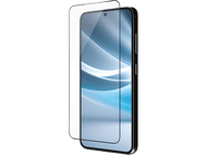 Un smartphone avec un protecteur d'écran appliqué. Le téléphone est noir et le protecteur est transparent.