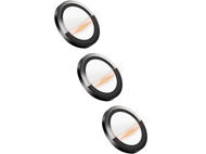 Trois lumières argentées avec des reflets orange sont isolées sur fond noir. Chacune a un accent rouge et un centre blanc.