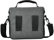 Charger l&#39;image dans la galerie, Un sac d&#39;appareil photo gris avec des sangles et une poignée de transport noires.
