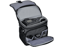 Charger l&#39;image dans la galerie, Sac photo gris ouvert, révélant appareil photo et accessoires. Palette de couleurs noir et gris.
