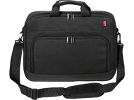 Serviette noire avec deux compartiments zippés, bandoulière et poignée. Marque 'iSY'.