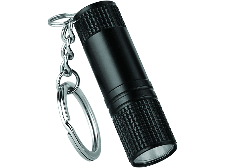 Petite lampe de poche noire avec un porte-clés attaché, sur fond blanc.