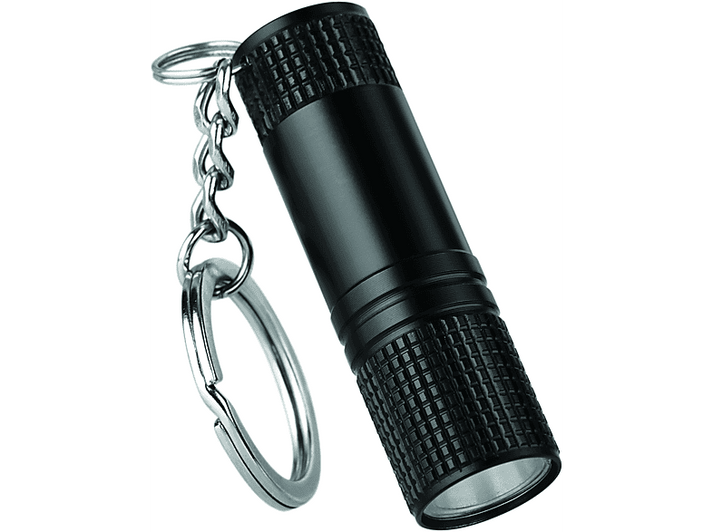Petite lampe de poche noire avec un porte-clés attaché, sur fond blanc.