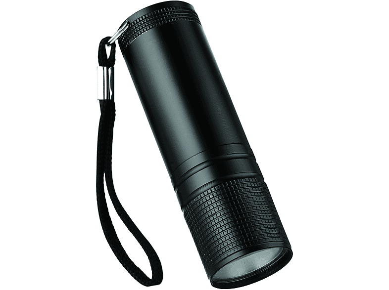 Une lampe de poche noire avec une sangle noire. La lampe est cylindrique.