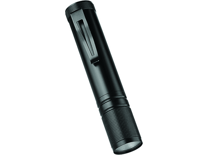 Une lampe de poche noire avec un clip de poche.