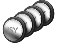 Quatre étiquettes rondes noires. Chaque étiquette a du texte et un centre argenté.