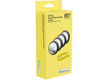Charger l'image dans la galerie, Une boîte jaune avec quatre localisateurs d'objets intelligents ISY ronds et noirs, étiquetés '4-Pack'.

