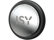 Un dispositif de suivi ISY rond et noir avec texte argenté.