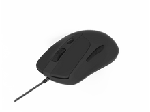 Charger l&#39;image dans la galerie, Une souris d&#39;ordinateur noire sur fond blanc. Elle possède une molette, des boutons et un câble.
