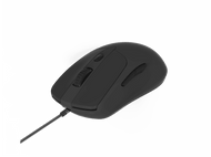 Une souris d'ordinateur noire sur fond blanc. Elle possède une molette, des boutons et un câble.