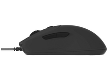 Charger l&#39;image dans la galerie, Une souris d&#39;ordinateur noire sur fond blanc. La souris a deux boutons et une molette. Un câble part de la souris.
