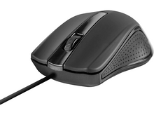 Charger l'image dans la galerie, Une souris d'ordinateur noire avec une molette et un cordon. Vue de dessus.
