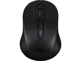 Souris noire avec molette et bouton DPI, marque ISY, sur surface blanche.