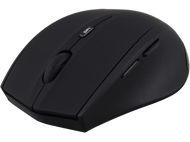 Souris sans fil noire avec molette et boutons latéraux. Design élégant.