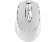 Souris d'ordinateur blanche avec molette et deux boutons. Design minimaliste sur fond noir.