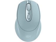 Une souris sans fil bleu clair de ISY. Elle est sur un fond noir.