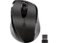 Souris sans fil noire et argentée élégante avec un récepteur USB, sur fond noir.