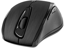 Charger l'image dans la galerie, Une souris sans fil noire sur fond blanc. Elle possède une molette de défilement et des boutons.
