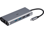 Adaptateur ISY argenté avec plusieurs ports, dont USB et VGA, et un câble noir.