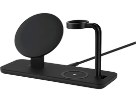Station de charge sans fil noire. Socle circulaire, support de charge vertical et base avec symbole de charge.