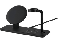 Station de charge sans fil noire. Socle circulaire, support de charge vertical et base avec symbole de charge.