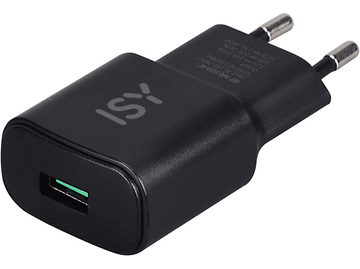 Chargeur ISY noir avec un port USB, fond blanc.