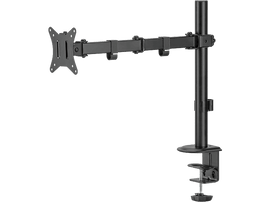 Un bras de moniteur noir pour monter un écran. Il a une pince en bas.