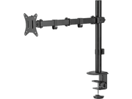 Un bras de moniteur noir pour monter un écran. Il a une pince en bas.