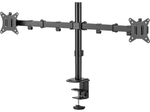 Charger l'image dans la galerie, Support de moniteur noir avec deux supports. Il a une pince et un poteau central.

