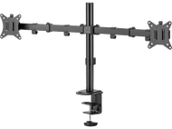 Support de moniteur noir avec deux supports. Il a une pince et un poteau central.