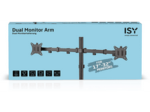 Charger l'image dans la galerie, Bras double moniteur en boîte, noir et argent. La boîte montre le bras. La marque est ISY.
