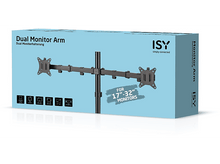 Charger l'image dans la galerie, Boîte avec un bras double moniteur. Texte: 'Pour moniteurs 17"-32". Logo ISY en haut à droite.

