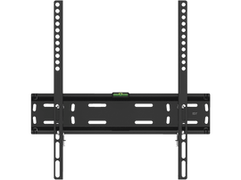 Un support TV noir avec des trous de montage, un niveau et un logo 