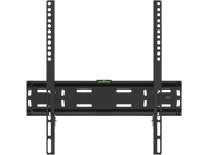 Un support TV noir avec des trous de montage, un niveau et un logo 'ISY', sur fond noir.