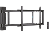 Un support mural TV noir avec télécommande sur fond noir.