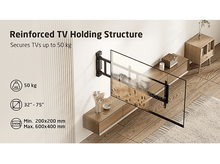 Charger l&#39;image dans la galerie, TV sur un support mural avec spécifications. Un meuble est en dessous. Texte : Structure de maintien TV renforcée.
