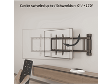 Charger l&#39;image dans la galerie, Un téléviseur monté sur un support mural, avec du texte indiquant la capacité de pivotement.
