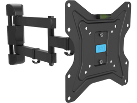 Un support mural TV noir avec un niveau bleu, sur fond sombre.