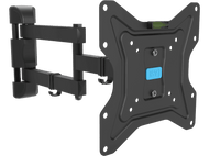 Un support mural TV noir avec un niveau bleu, sur fond sombre.