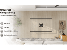 Charger l&#39;image dans la galerie, Support mural TV avec spécifications sur fond en bois.
