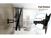 Charger l&#39;image dans la galerie, Une télévision fixée au mur avec un support. Des instructions montrent comment l&#39;incliner.
