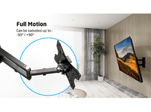 Charger l&#39;image dans la galerie, Téléviseur monté sur un mur, montrant une capacité de mouvement complète, une plage de pivotement de -90° à +90° et une vue panoramique.
