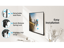 Charger l&#39;image dans la galerie, Téléviseur sur un mur avec des schémas montrant comment l&#39;installer. Comprend une plaque murale amovible.
