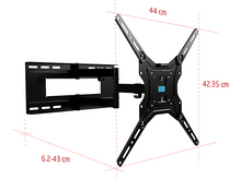 Charger l&#39;image dans la galerie, Support TV noir avec mesures. Fond blanc. Étiquettes de texte pour le réglage du niveau de l&#39;écran.
