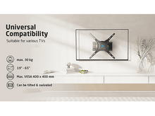 Charger l&#39;image dans la galerie, Un support TV avec un téléviseur monté sur un mur blanc, avec du texte sur la compatibilité universelle.
