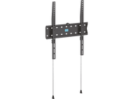 Un support mural TV noir avec des composants de montage sur fond noir.