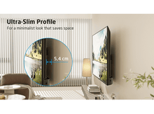 Charger l&#39;image dans la galerie, TV mural, texte &#39;Ultra-Slim Profile&#39; et vue circulaire montrant la finesse de la TV.
