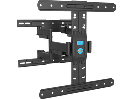 Support mural TV noir, réglable avec plusieurs bras et points de fixation pour un téléviseur.