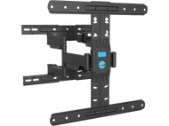 Support mural TV noir, réglable avec plusieurs bras et points de fixation pour un téléviseur.